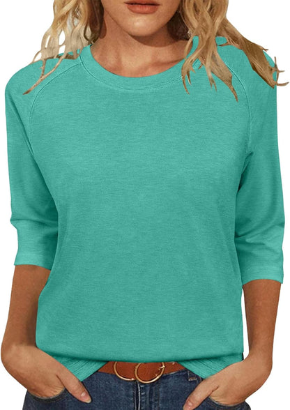 3/4 Sleeve Crew Neck Shirts Loose Fit Tunic Blouses Summer Tees