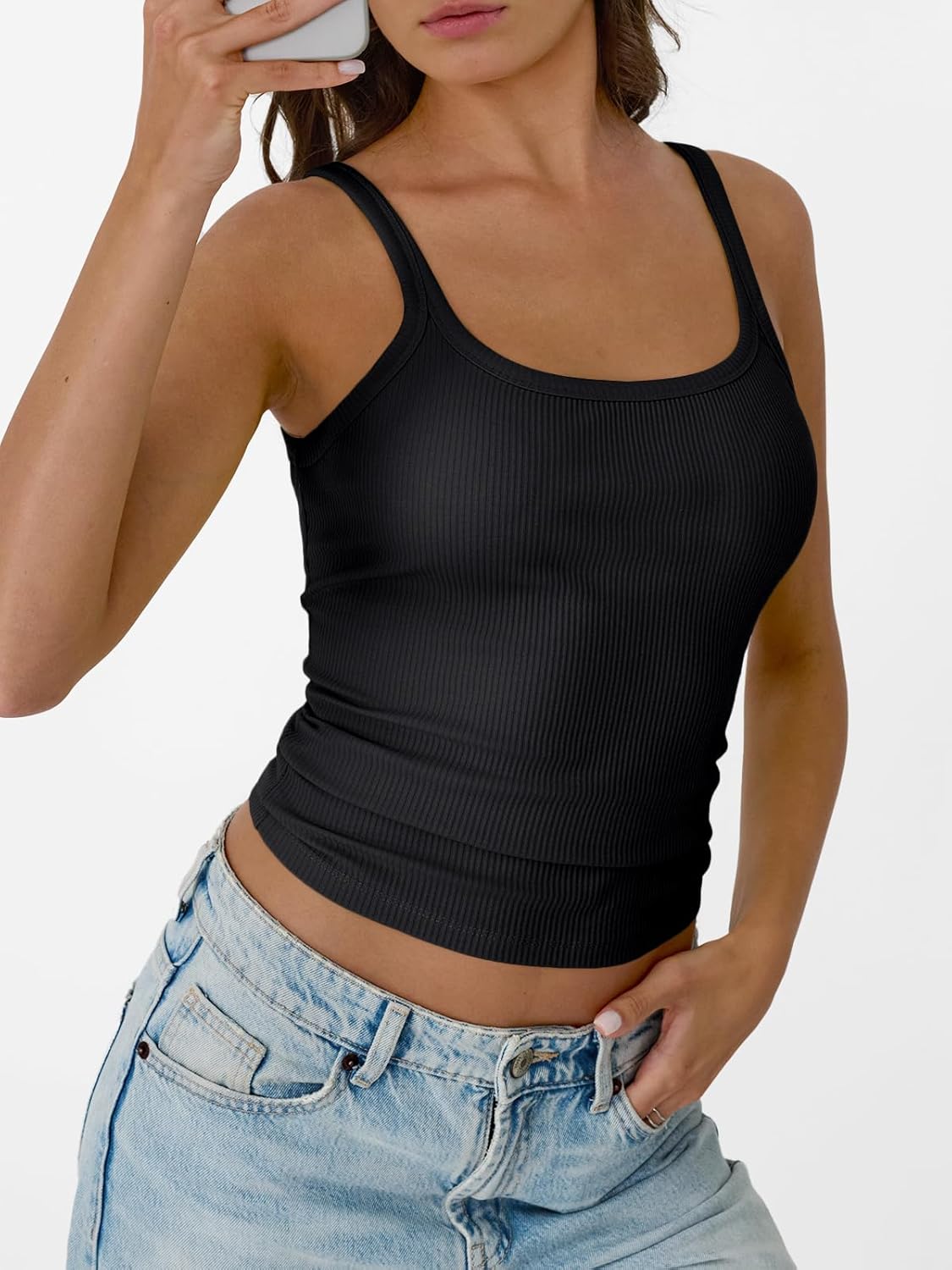 Womens Summer Ribbed Tank Tops Racerback Spaghetti Strap Workout Camisole Top
