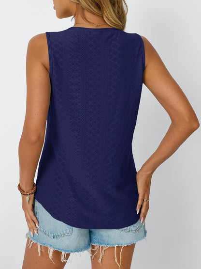 Womens Summer Tank Top Eyelet Embroidery V Neck Sleeveless Loose Fit Casual Shirt