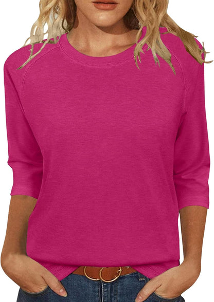 3/4 Sleeve Crew Neck Shirts Loose Fit Tunic Blouses Summer Tees