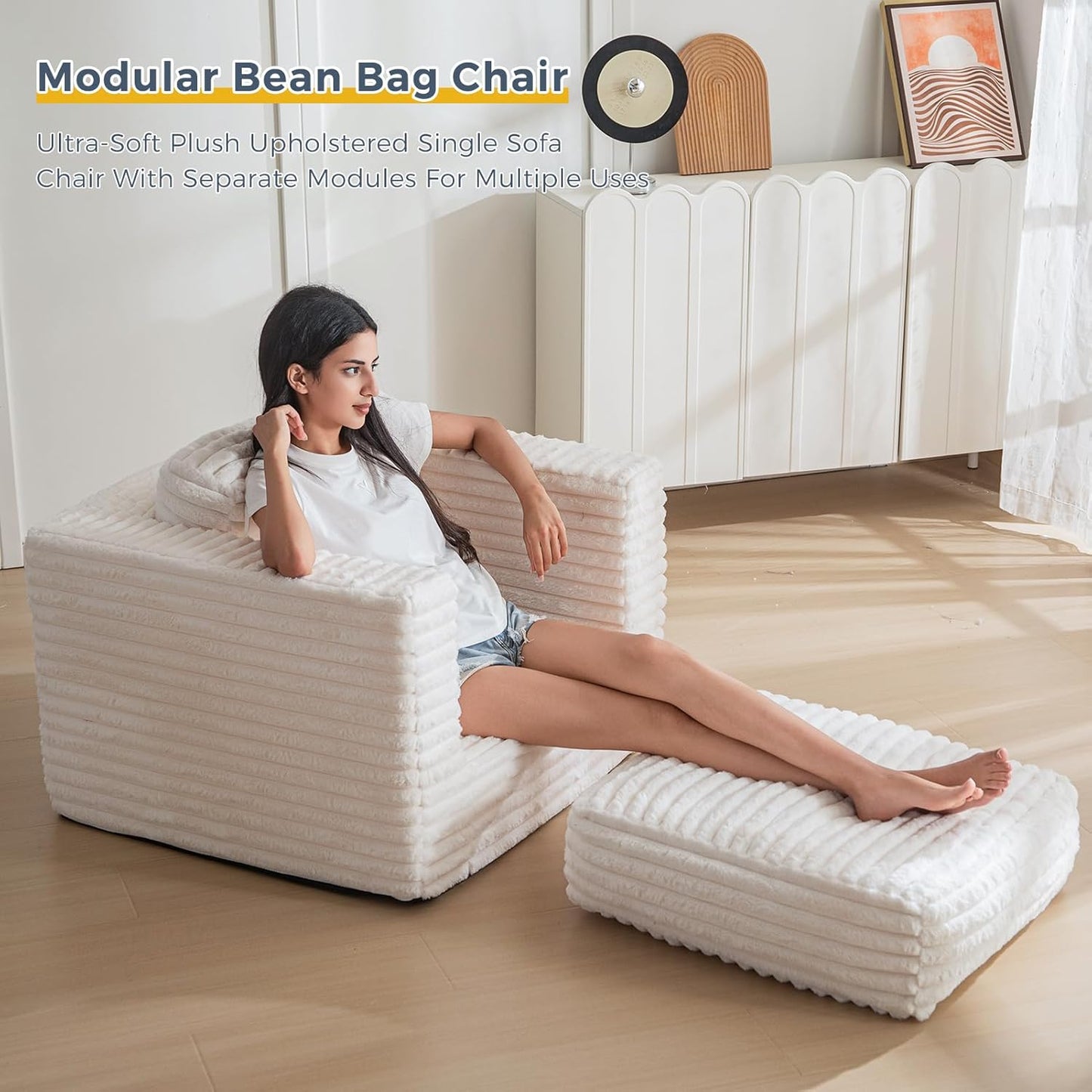 Plush Giant Bean Bag Sofa for Adults Floor Loveseat Chair with Armrests White
