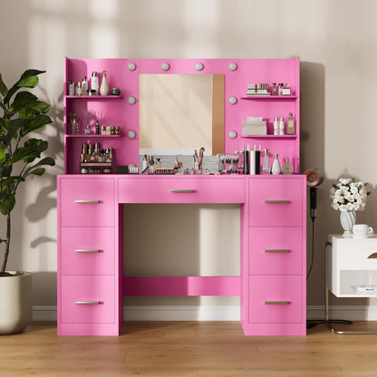 Furmax Vanity Desk with Mirror LED Lights and Power Outlet Makeup Vanity Table