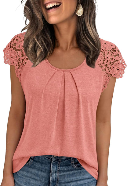Womens Lace Tops Pleated Short Sleeve Shirts Summer