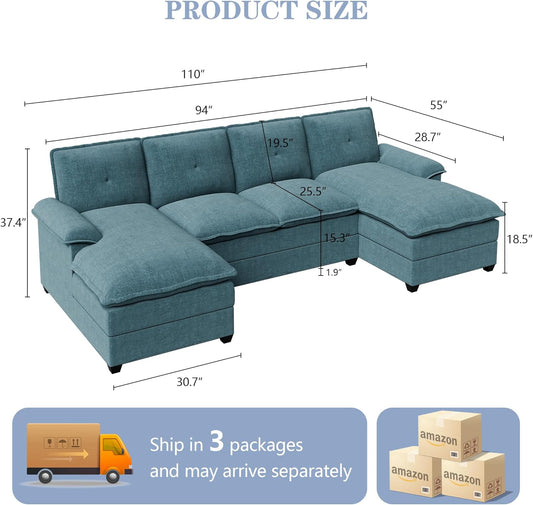 110 Inch U Shaped Sectional Sofa with Double Chaise Black