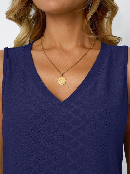 Womens Summer Tank Top Eyelet Embroidery V Neck Sleeveless Loose Fit Casual Shirt