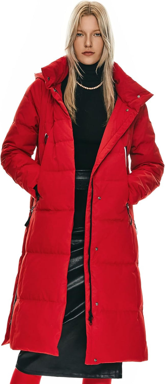 Womens Thickened Long Down Jacket Hooded Winter Puffer Coat with Side Zipper