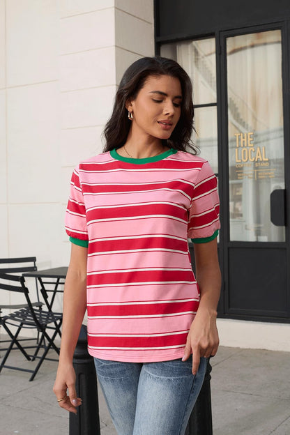 Womens Tops Cotton Casual Color Block Striped Short Sleeve Shirts Crewneck T Shirts