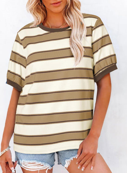 Striped Color Block Short Sleeve T-Shirts Crewneck Casual Loose Basic Tee Blouses