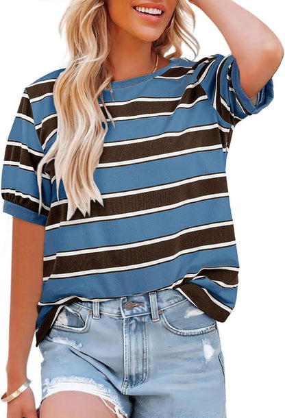 Striped Color Block Short Sleeve T-Shirts Crewneck Casual Loose Basic Tee Blouses