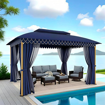 10x13 Outdoor with Screened Double Roof Heavy-Duty Patio Canopy Tent Dark Blue