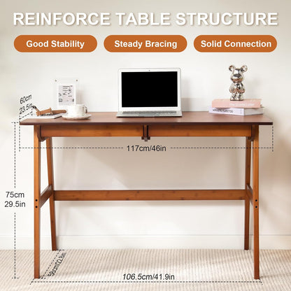 Writing Computer Desk 46" Bamboo Home Office Table with 2 Drawers