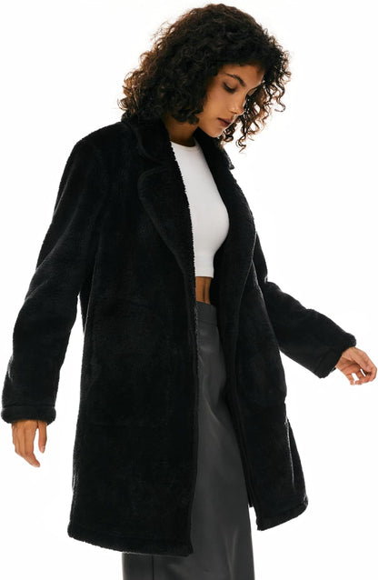 Women’s Fuzzy Fleece Faux Fur Jacket with Pockets Open Front
