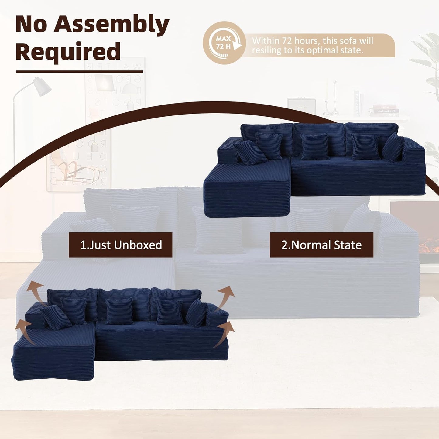 107" Boneless Couch with Deep Seat Cloud Sectional Couch for Living Room