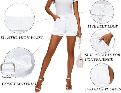 Womens Jean Shorts High Waisted Summer Cotton Elastic Waist Denim Shorts with Pockets