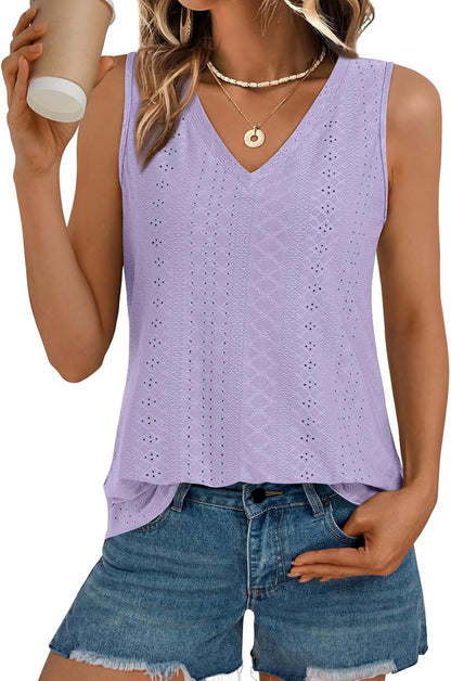 Womens Summer Tank Top Eyelet Embroidery V Neck Sleeveless Loose Fit Casual Shirt