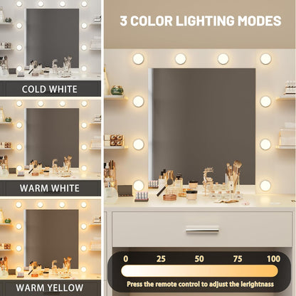Furmax Vanity Desk with Mirror LED Lights and Power Outlet Makeup Vanity Table