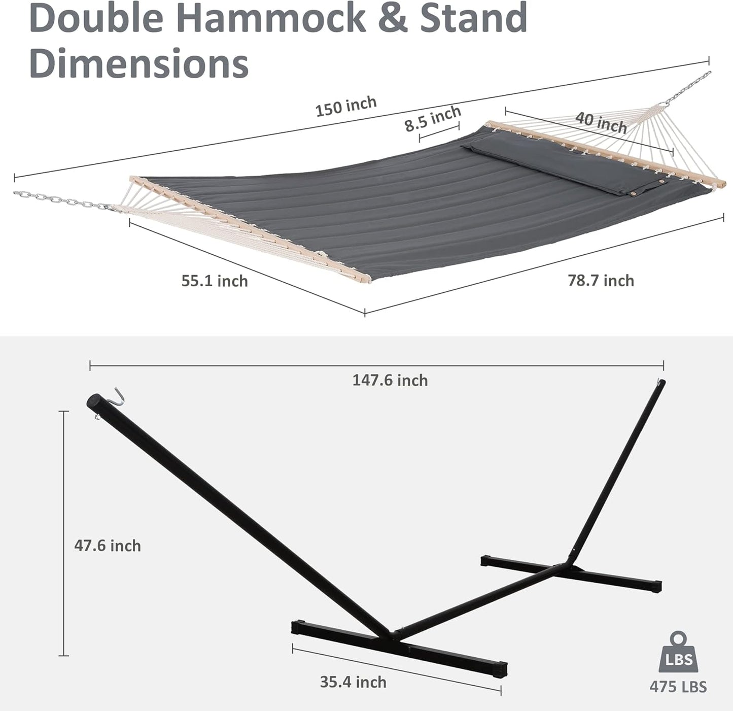 2 Person Hammock with Stand Heavy Duty Portable Dark Grey