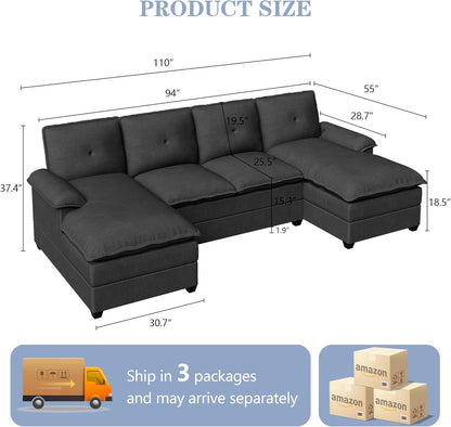 110 Inch U Shaped Sectional Sofa with Double Chaise Black