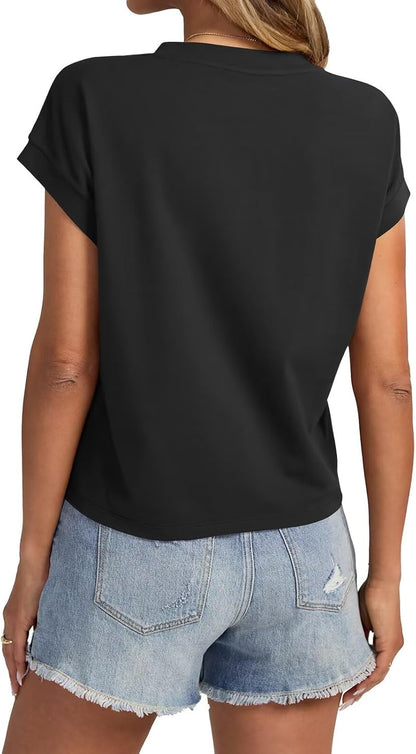 Womens Cap Sleeve Crop Tops Cotton T Shirts