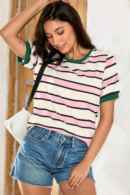 Striped Color Block Short Sleeve T-Shirts Crewneck Casual Loose Basic Tee Blouses