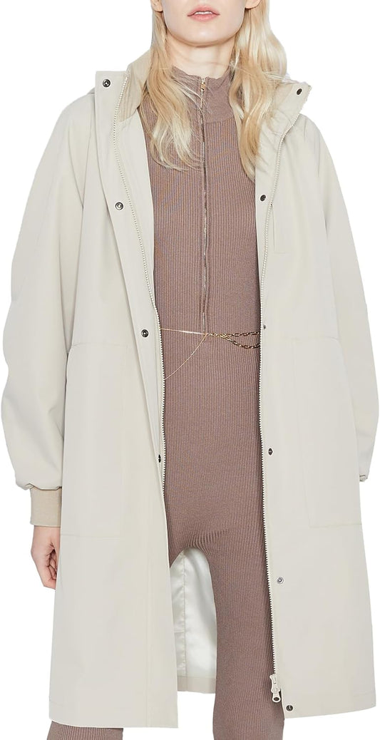 Womens Casual Hooded Raincoat Lightweight Long Zip Up Windbreaker Jacket with Belt