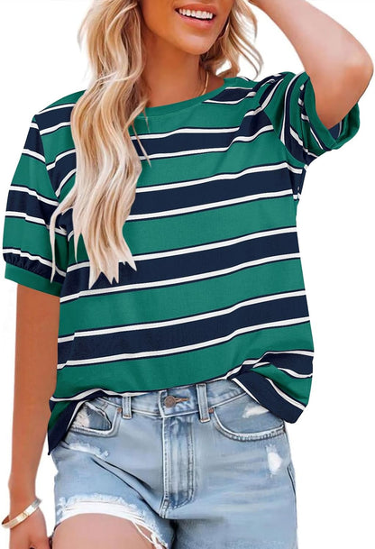 Womens Tops Cotton Casual Color Block Striped Short Sleeve Shirts Crewneck T Shirts