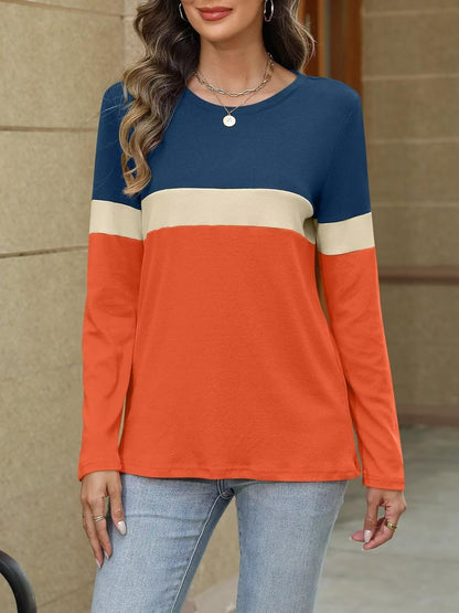 Women Long Sleeve Color Block Tunics Tops Round Neck Shirts Casual Blouses