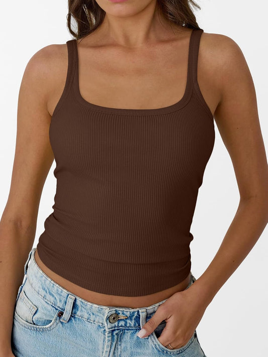 Womens Summer Ribbed Tank Tops Racerback Spaghetti Strap Workout Camisole Top