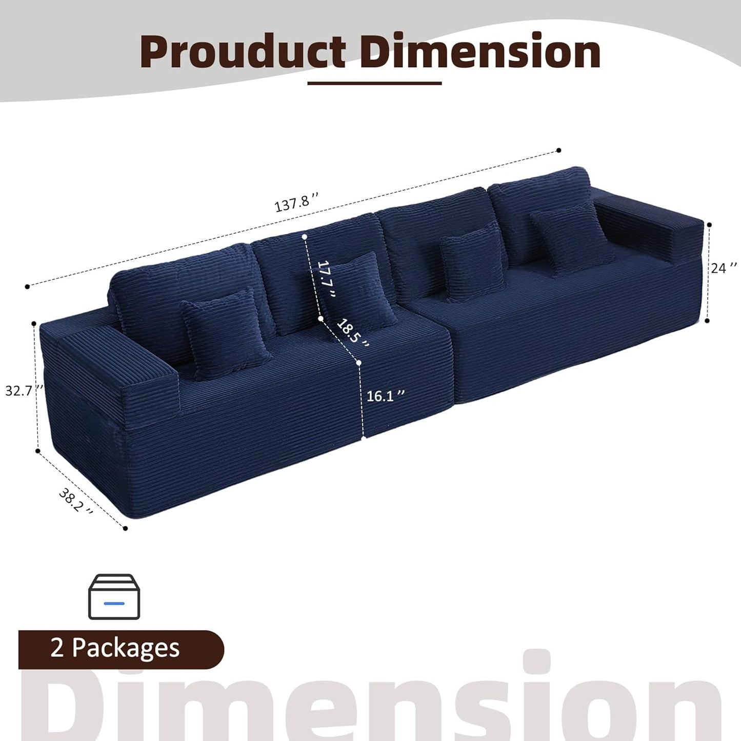 107" Boneless Couch with Deep Seat Cloud Sectional Couch for Living Room