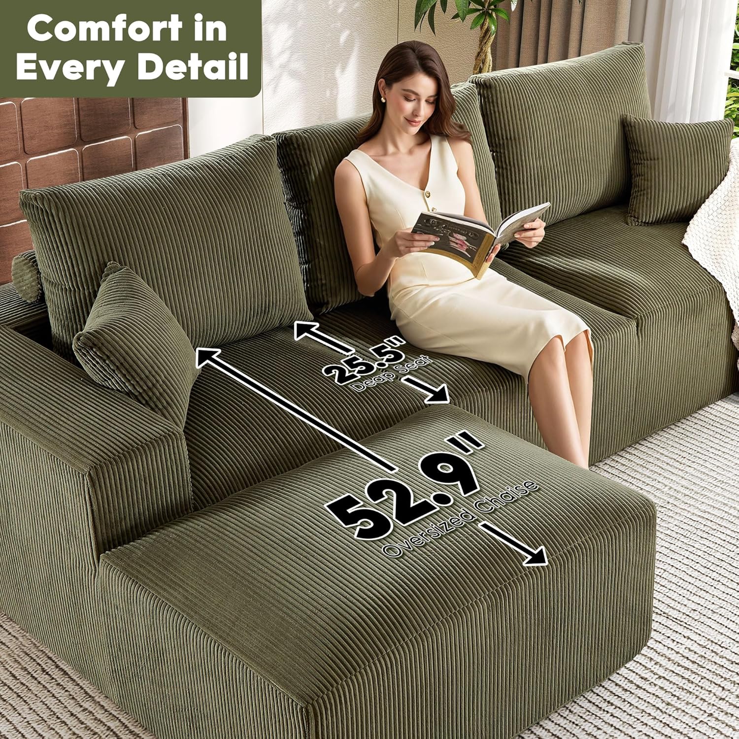 108 Inch Corduroy Cloud Sectional Sofa with Chaise Green