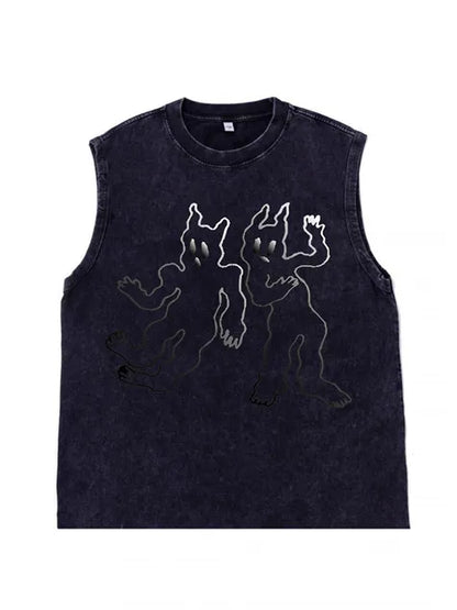 230g Abstract Line Cartoon Printed Wash Old Sleeveless T-shirt