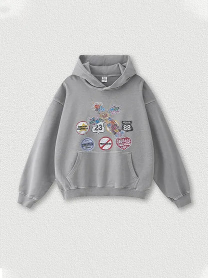 380g Badge Printed Wash Old Cotton Hoodie