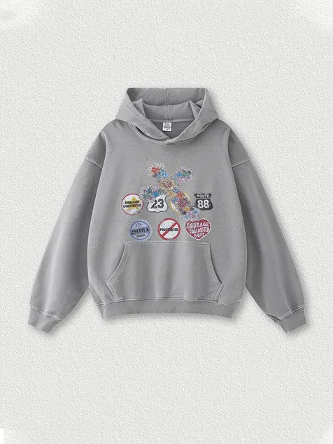 380g Badge Printed Wash Old Cotton Hoodie
