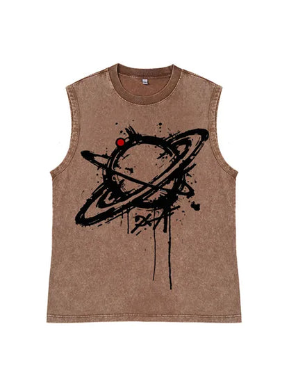 230g Cotton Saturn Printed Sleeveless Wash Old T-shirt