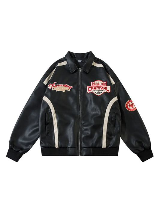 Men's Letter Graphic Long Sleeve PU Leather Loose Casual Jacket, Trendy For Autumn And Winter