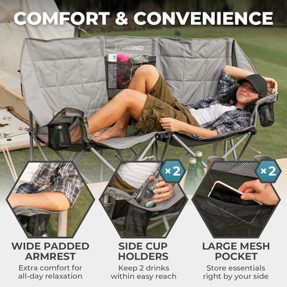 Double Camping Chair with Cooler 2 Person Folding Oversized Loveseat