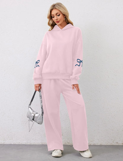 Women's 2 Piece Outfits Bow Trim Print Hoodie Sweatsuit Sets
