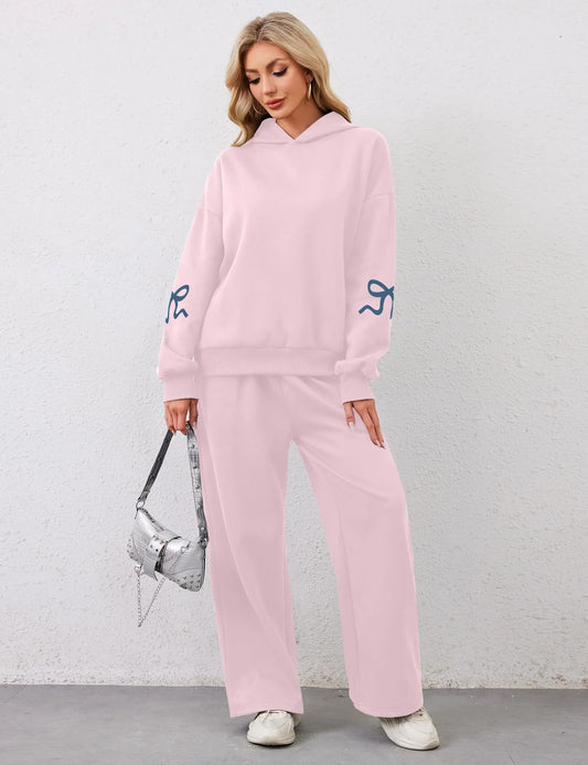 Women's 2 Piece Outfits Bow Trim Print Hoodie Sweatsuit Sets
