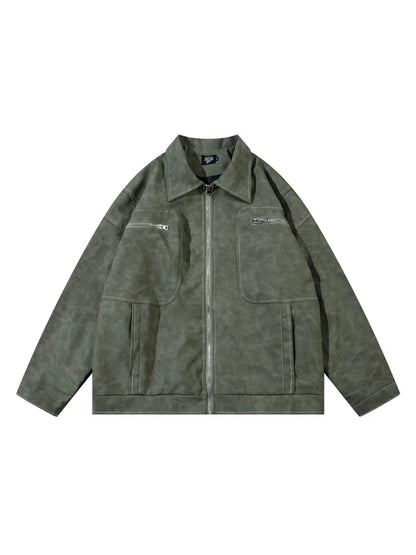Vintage  Zip-up Lapel PU Leather Jacket