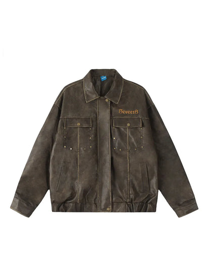 Rivet Multi-pocket Leather Jacket for Women