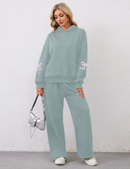 Women's 2 Piece Outfits Bow Trim Print Hoodie Sweatsuit Sets