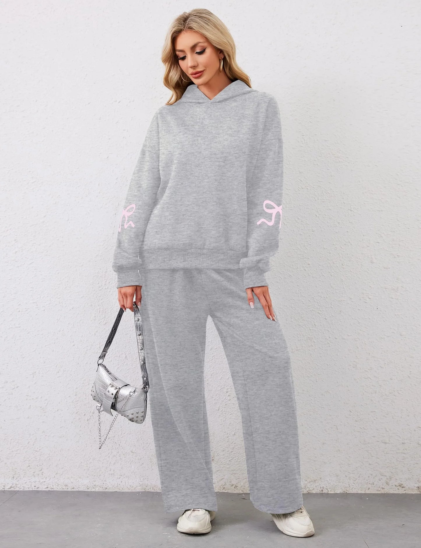 Women's 2 Piece Outfits Bow Trim Print Hoodie Sweatsuit Sets