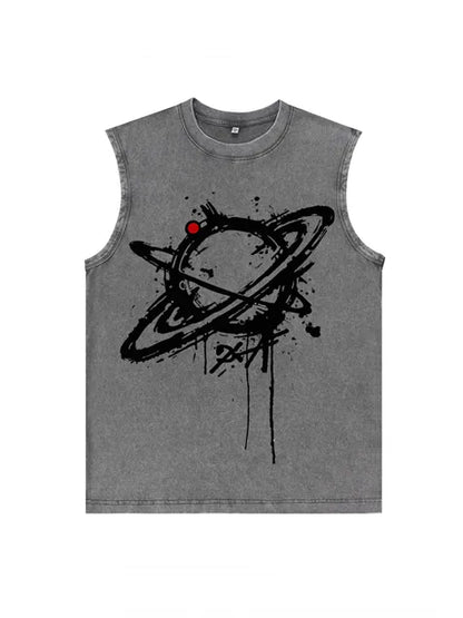230g Cotton Saturn Printed Sleeveless Wash Old T-shirt