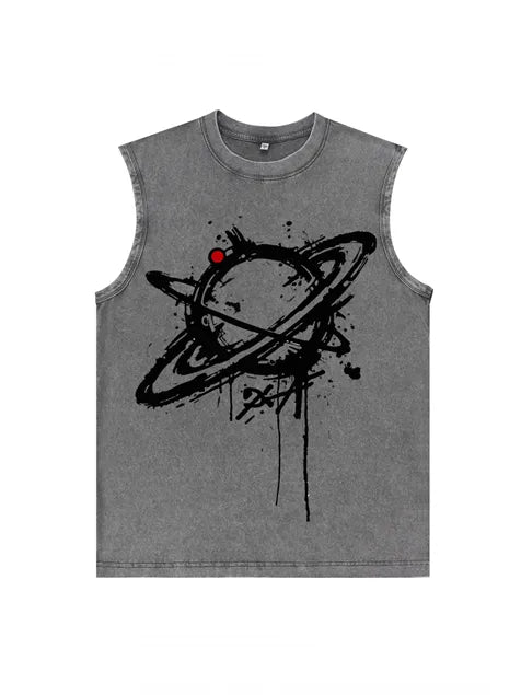 230g Cotton Saturn Printed Sleeveless Wash Old T-shirt