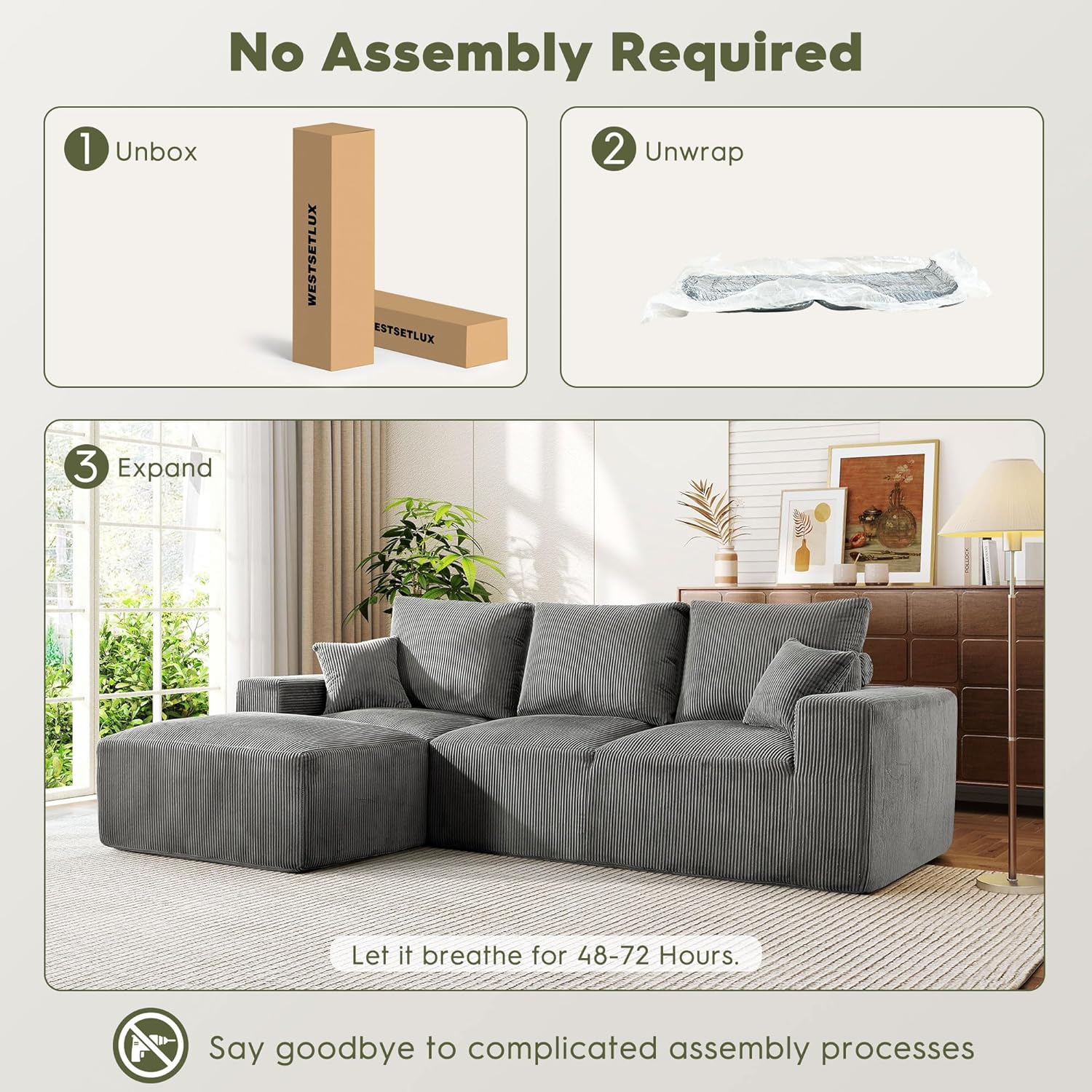108 Inch Corduroy Cloud Sectional Sofa with Chaise Green