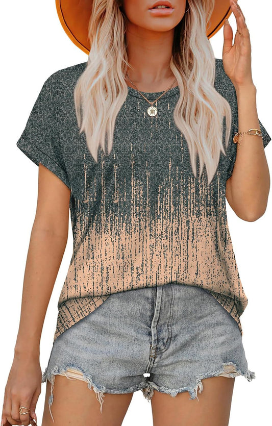 Womens T Shirts Crew Neck Rolled Short Sleeve Basic Summer Tees Curved Hem