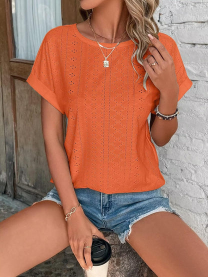 Womens Tops Eyelet Embroidery Summer Spring Curved Hem Short Sleeve Trendy T Shirts