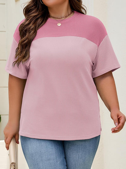 Womens Plus Size Short Sleeve Color Block Pullover Tunic Tops