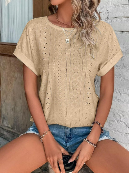 Womens Tops Eyelet Embroidery Summer Spring Curved Hem Short Sleeve Trendy T Shirts