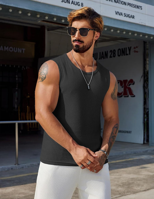 Mens Casual Tank Tops Waffle Knit Sleeveless Shirt Breathable Tank Shirts